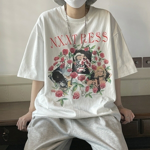 美式玫瑰印花短袖T恤男夏季新款高级感潮流半袖体恤复古休闲汗衫图片