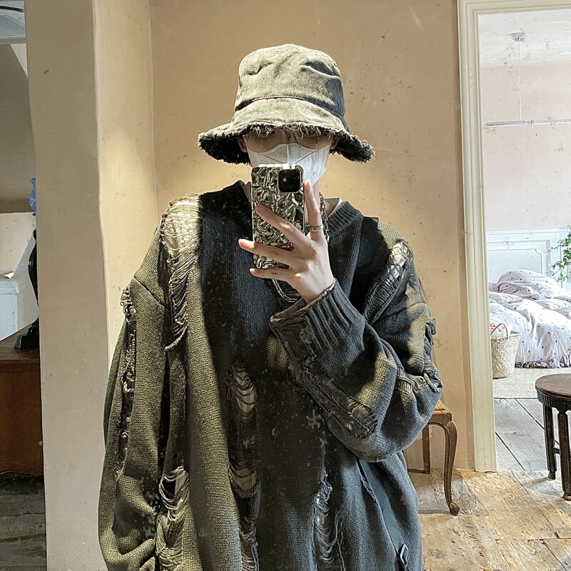 破洞毛衣破坏嘻哈高街两面穿针织衫男女 814-1-M600-P88图片