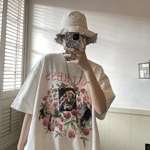 ~美式复古玫瑰花印花潮牌短袖T恤男女 814-1-T409-P38图片