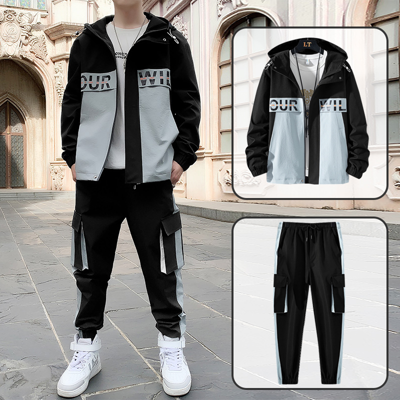 港风运动套装男2020春秋季连帽夹克工装外套男士潮流休闲两件套在类目 男装, 皮衣中 - 来自Buy2taobao.com提供专业的淘宝代购服务