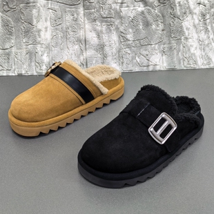 月芽儿正品撤柜处理牛反绒皮勃肯鞋女冬季加绒保暖包头半拖懒人鞋