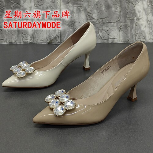 SATURDAYMODE正品撤柜断码处理春季真皮尖头细高跟浅口水钻女单鞋
