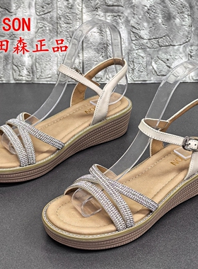 PT'SON百田森正品撤柜夏季露趾真皮坡跟松糕底一字扣带罗马女凉鞋