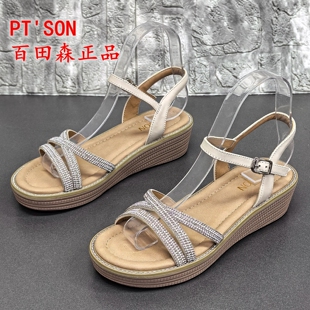 PT'SON百田森正品撤柜夏季露趾真皮坡跟松糕底一字扣带罗马女凉鞋