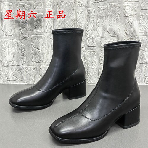 星期六34码正品断码处理方头粗跟圆头冬季纯色百搭弹力瘦瘦靴女靴