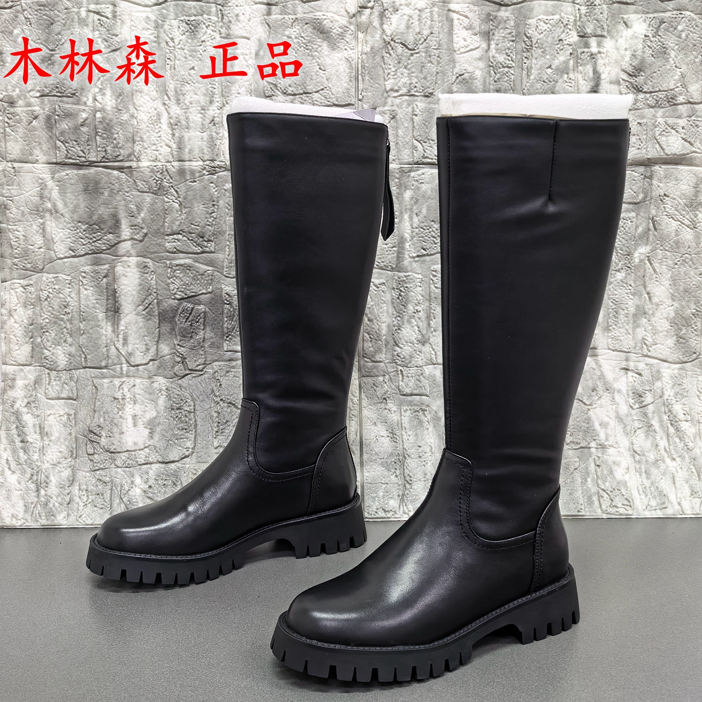 商场正品断码处理冬季加绒保暖牛皮高筒骑士靴女侧拉链百搭长筒靴