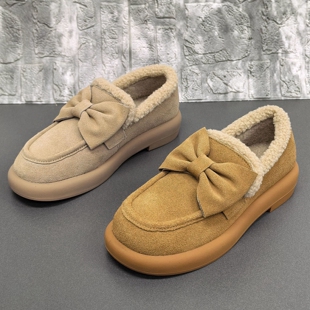 月芽儿正品撤柜处理牛反绒休闲豆豆鞋女平底蝴蝶结加绒保暖女棉鞋