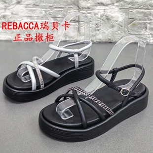 瑞贝卡撤柜厚底羊皮凉鞋女夏交叉带水钻休闲舒适松糕底女鞋子