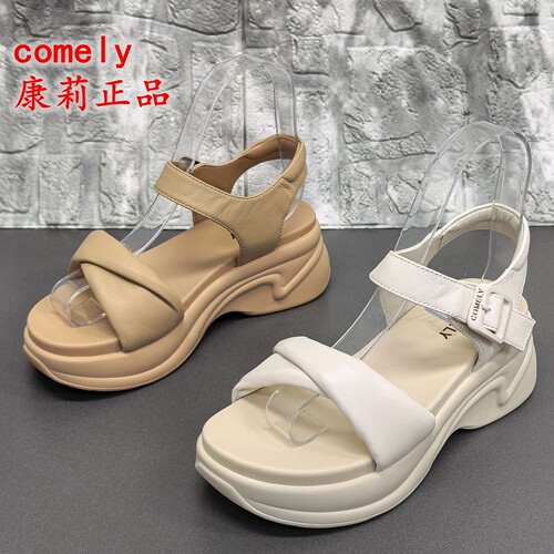 comely康莉正品撤柜夏季厚底轻便羊皮舒适百搭休闲一字带女凉鞋潮