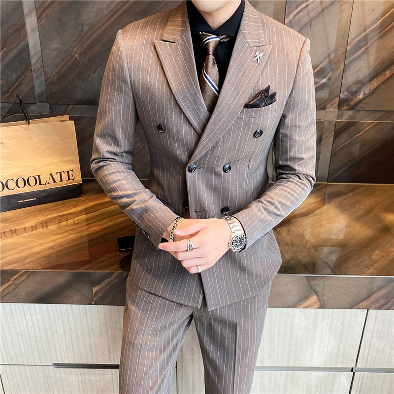 507A-SJT096-P280 2025秋冬时尚男士双排扣条纹西服三件套装礼服图片