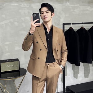 306B-2-T687-P2302025秋装时尚青年双排扣西服两件套装礼服