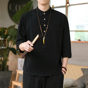 306B-2-CS78-P40 2023风时尚男士棉麻中袖纯色衬衣七分袖衬衫图片
