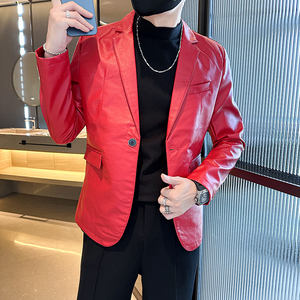 306B-2-PY05-P80 2025秋装男士西装纯色时尚休闲皮衣西服外套图片