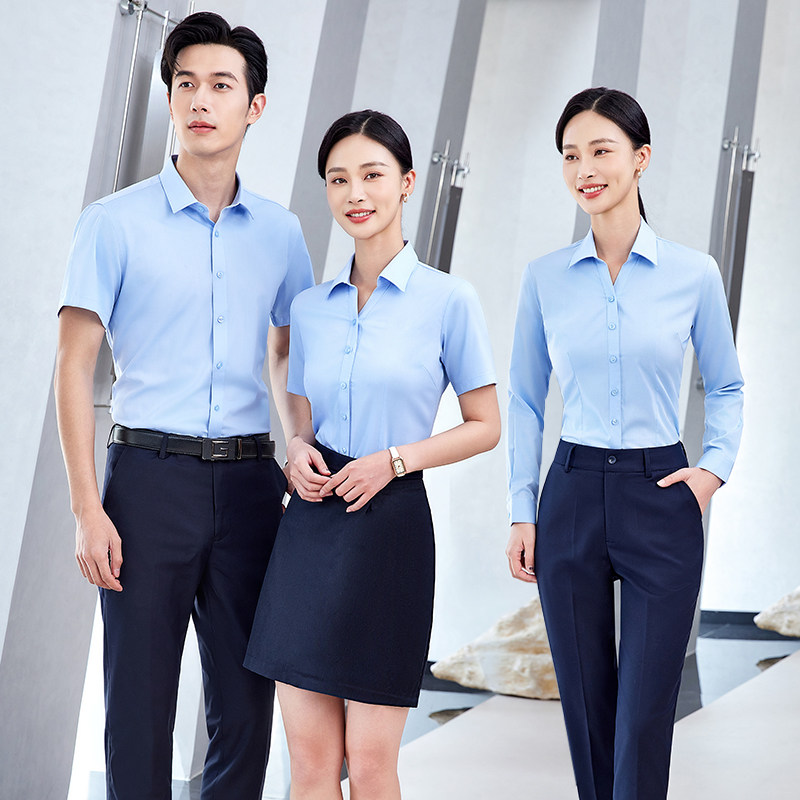 桑蚕丝蓝色V领衬衫男女同款职业工装长短袖夏季工作服定制绣logo