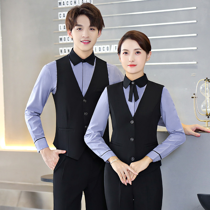 酒店餐饮服务员工作服男女长袖衬衫餐厅饭店KTV酒吧秋冬马甲套装