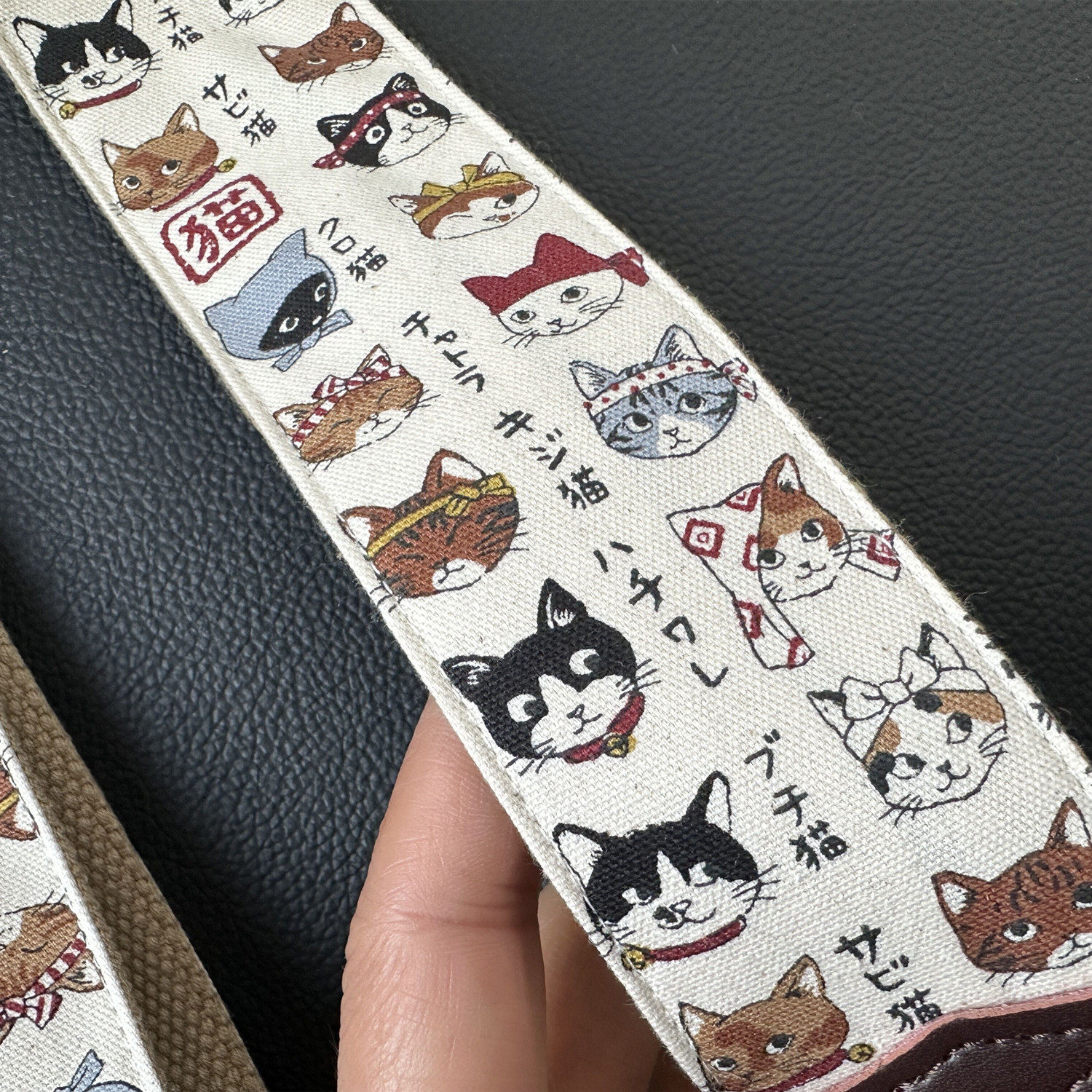 GIGFORU进口棉布可爱猫咪吉他背带贝斯背带通用吉他背带真皮皮头