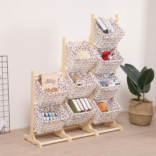 实木藤编吊篮落地简约现代置物架