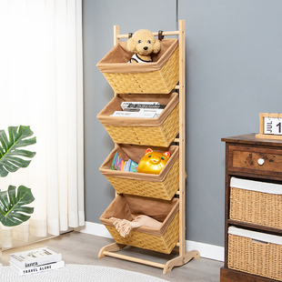 实木多层置物架客厅零食收纳架子仿藤编书报架吊篮落地玩具储物架