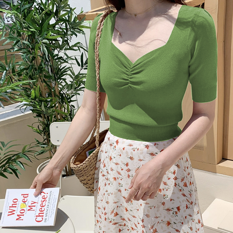 牛油果绿色女修身显瘦半袖v领t恤65.00元包邮