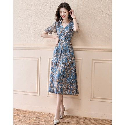V-NECK FLORAL DRESS 2024 NEW TEMPERAMENT CELEBRITY FRENCH WAIST CINCHING THIN CHIFFON MIDI SKIRT WOMENS SUMMER