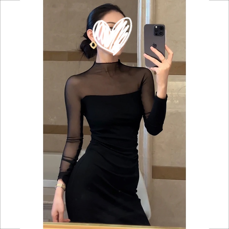 纯欲辣妹黑色网纱拼接长袖连衣裙