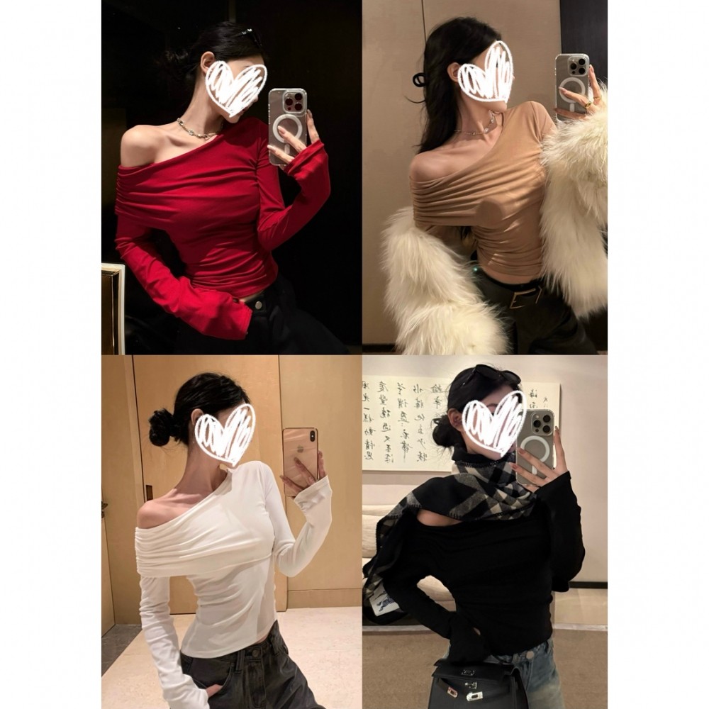 洋气辣妹性感斜肩褶皱长袖T恤女秋冬修身显瘦内搭打底衫红色上衣,女装/女士精品,T恤,淘宝优惠券,粉丝福利购,淘宝优惠卷