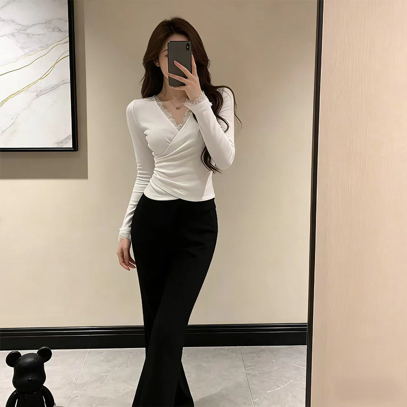 纯欲辣妹V领蕾丝内搭长袖T恤女装2026春季打底衫修身显瘦交叉上衣,女装/女士精品,T恤,淘宝优惠券,粉丝福利购,淘宝优惠卷