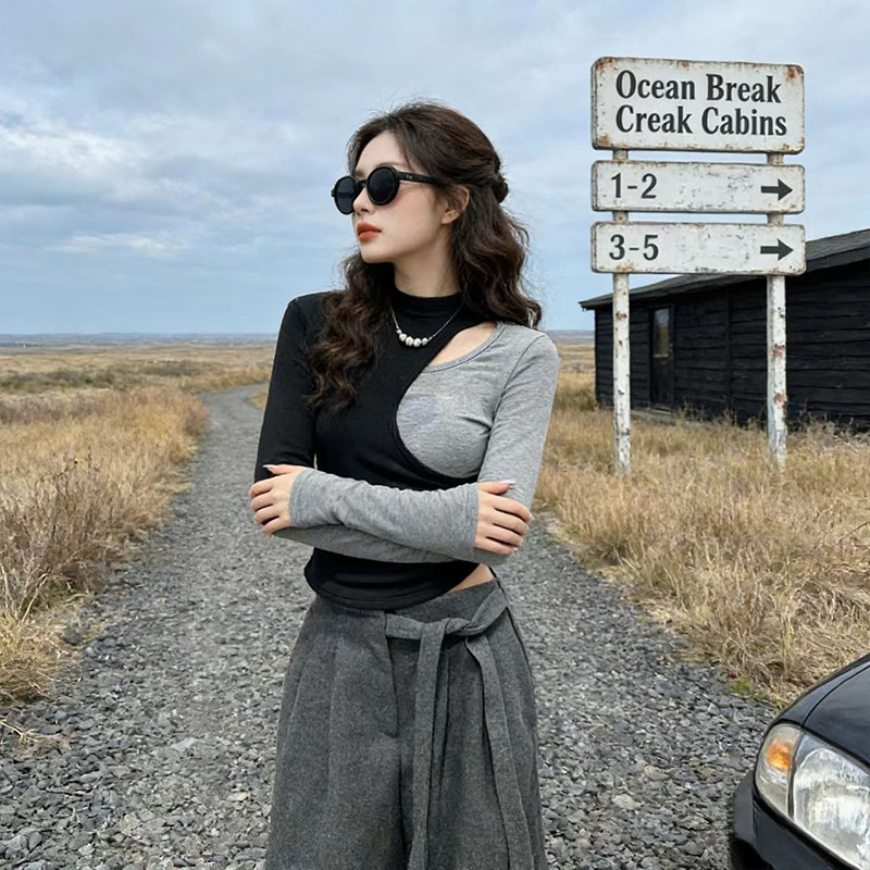 假两件撞色镂空内搭长袖T恤女装2026春季新款打底衫加绒加厚上衣,女装/女士精品,T恤,淘宝优惠券,粉丝福利购,淘宝优惠卷