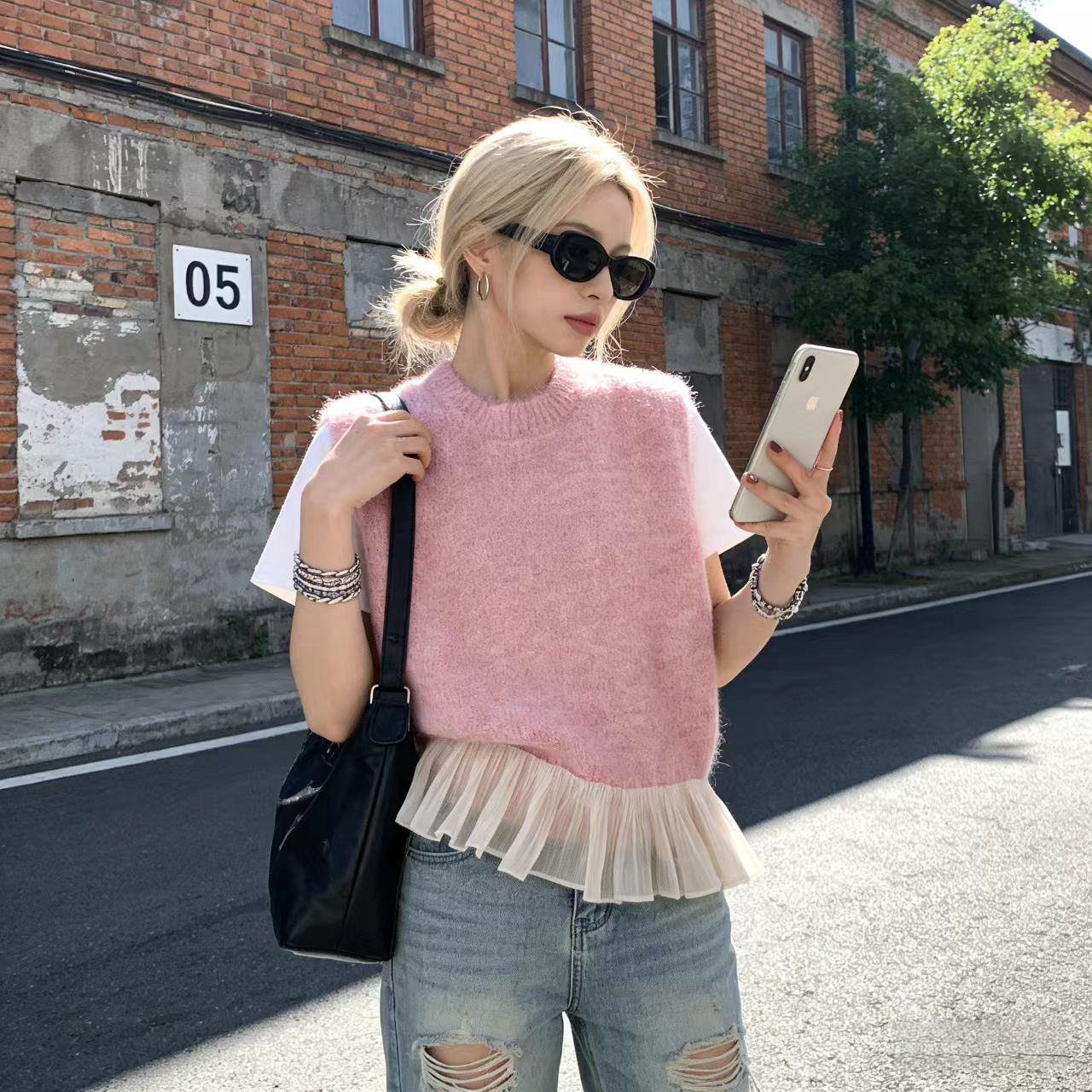 荷叶边拼接圆领针织马甲背心女装2026春季软糯毛衣叠穿无袖上衣