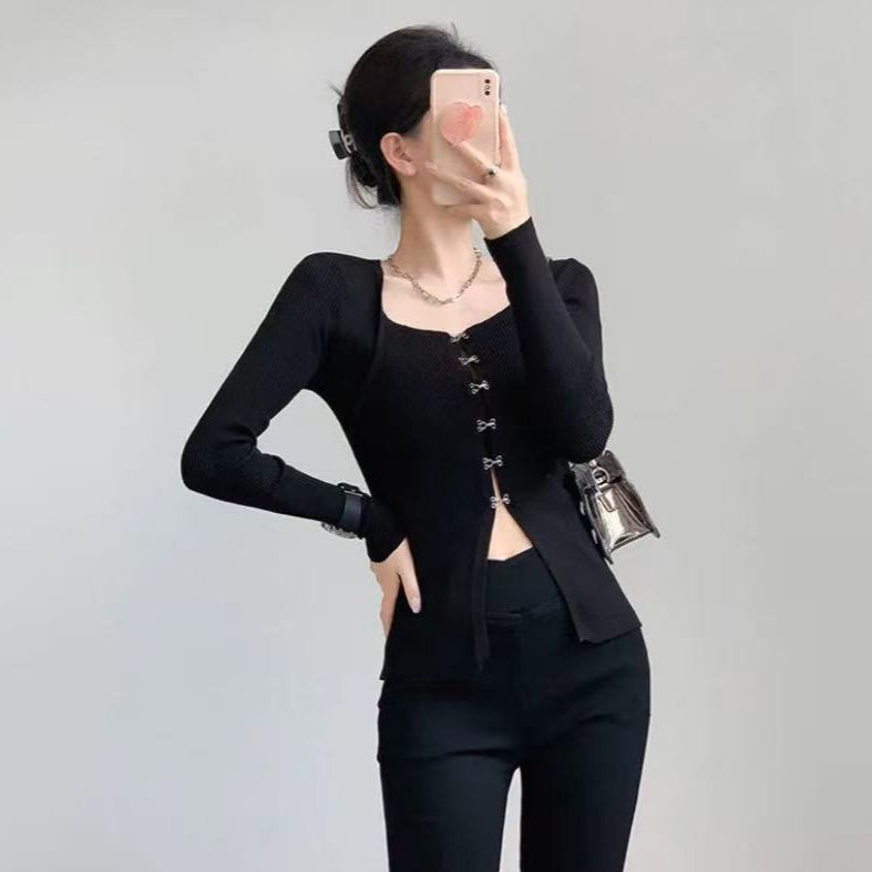 法式气质蝴蝶结纽扣针织开衫女