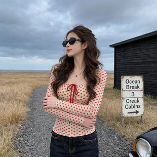 独特漂亮网纱爱心印花绑带内搭长袖T恤女装2026春季修身打底上衣