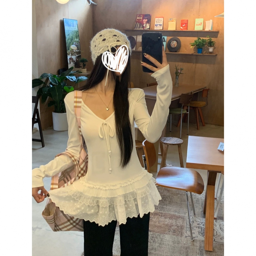 洋气设计绑带V领长袖T恤