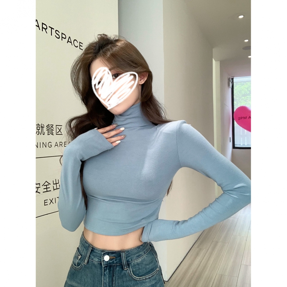 韩系辣妹磨毛垫肩长袖T恤女上衣