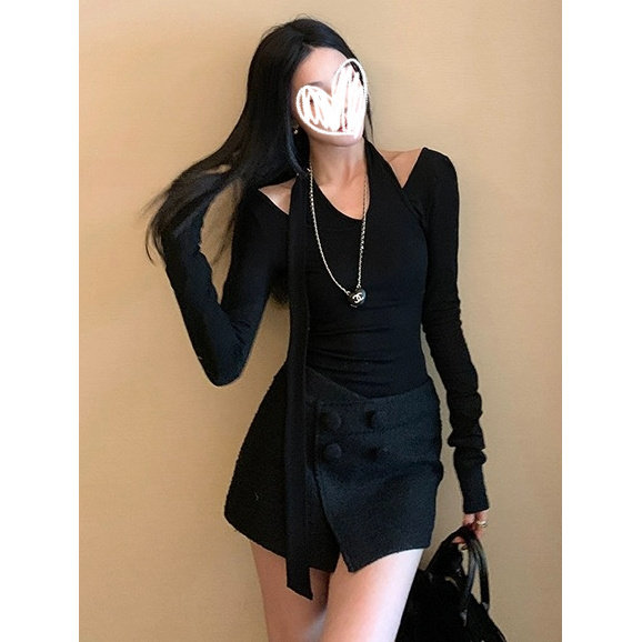 韩系辣妹假两件镂空挂脖长袖T恤