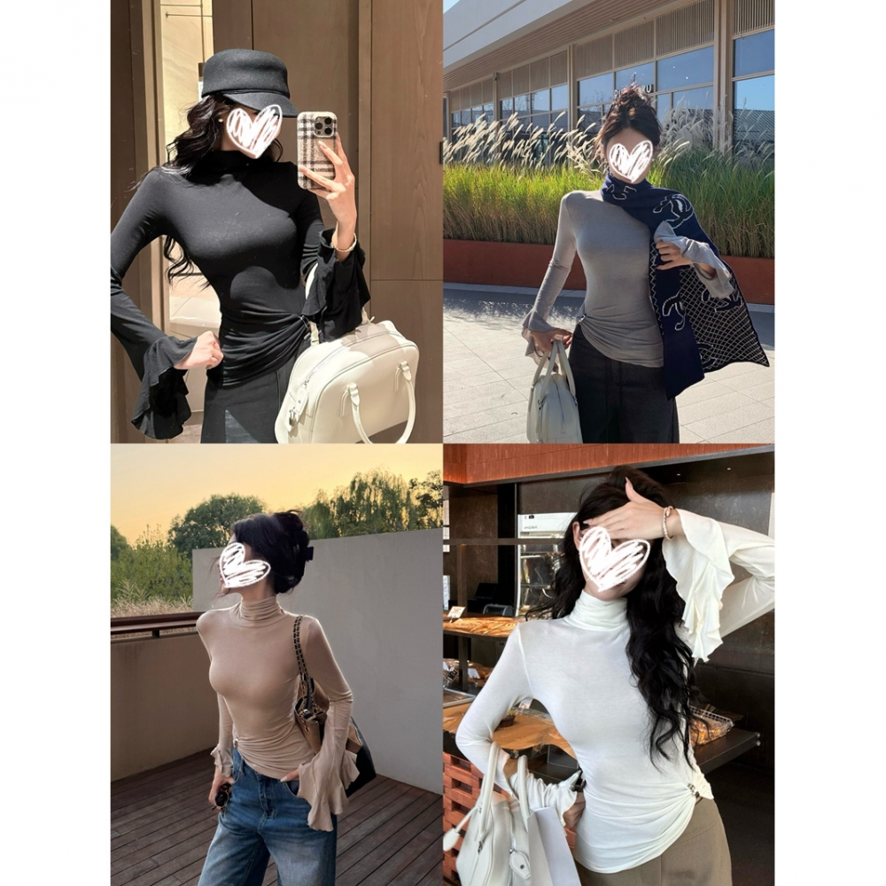 韩系设计感不规则喇叭长袖T恤