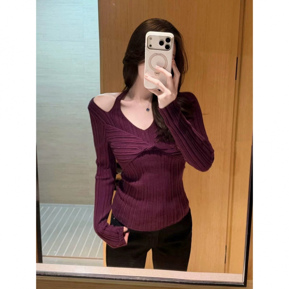 法式挂脖扭结V领长袖针织打底衫