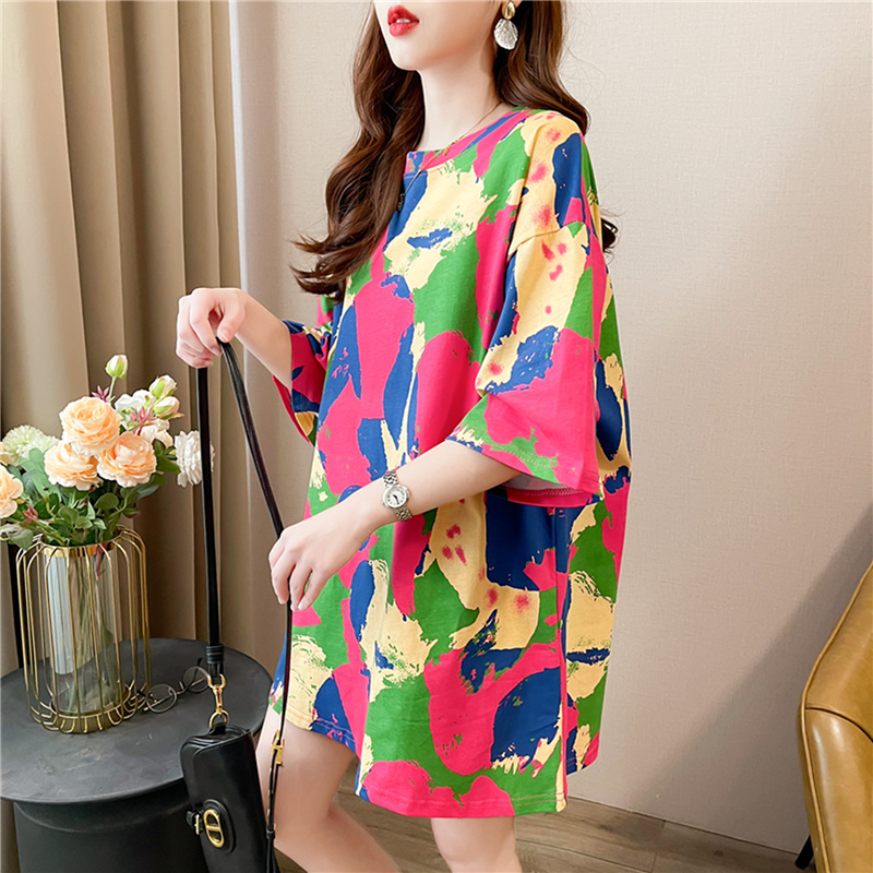 大码女装2025夏装款扎染印花短袖T恤女胖MM遮肚减龄宽松显瘦上衣