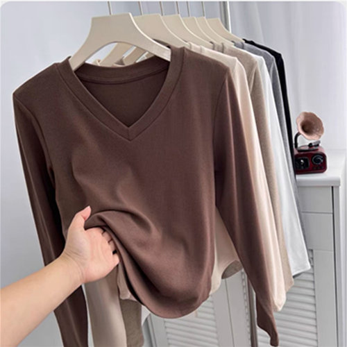 欧货纯色V领长袖通勤常规