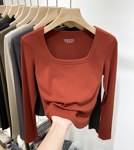 女2022春秋新款 打底衫 修身 长袖 上衣 欧货螺纹短款 t恤小衫 方领短款