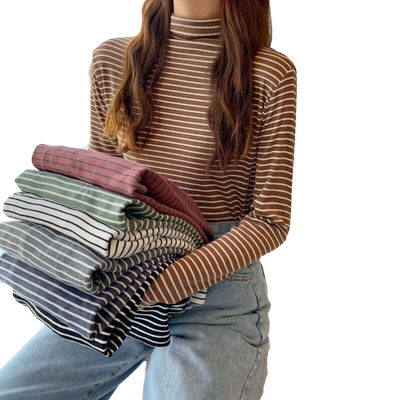 内搭条纹半高领打底衫2023长袖t恤洋气修身显瘦白色百搭春秋上衣