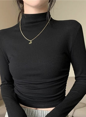 灰色半高领打底衫2023新款女秋冬季内搭上衣修身褶皱辣妹长袖T恤