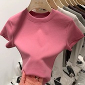 显瘦小衫 螺纹纯色正肩短袖 体恤修身 半袖 圆领打底上衣潮 T恤女夏季