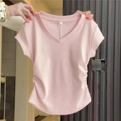粉色V领少女感正肩T恤夏季 2025卡腰褶皱显瘦上衣女小众辣妹短袖
