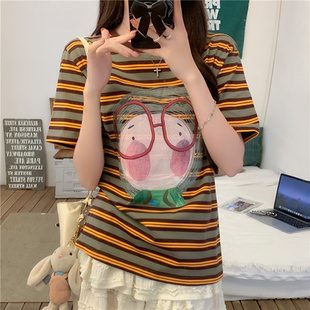 潮牌小众设计感正肩显瘦上衣 美式 条纹卡通短袖 t恤女2025新款 夏季