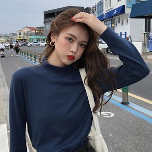 薄款 2023新款 女粉色少女甜甜内百搭修身 T恤打底衫 上衣 半高领长袖