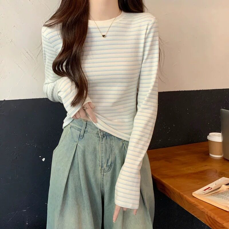 早秋日系正肩蓝白条纹圆领长袖t恤女2026早春学院风长袖上衣女潮