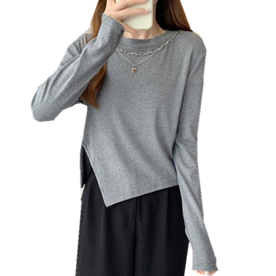 螺纹长袖针织衫纯欲T恤女不规则2022年早秋季新款修身上衣打底衫