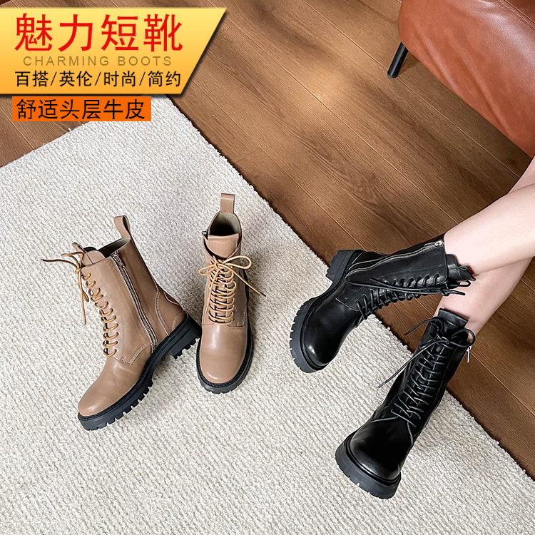 梁雅氏邦踝靴侧拉链女短靴羊皮毛一体女靴冬款女鞋粗跟鞋雪地靴女
