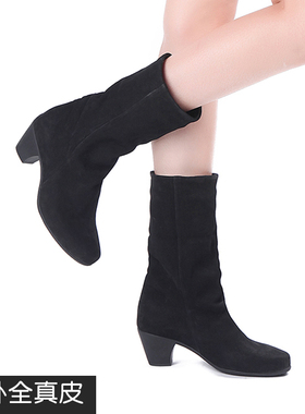 法国品牌清仓处理雅氏女鞋中筒女靴粗高跟真皮舒适靴子加绒女5GQ1