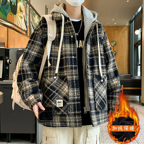 少年秋冬季百搭宽松格子韩系连帽加棉加厚保暖男夹克外套棉1218e